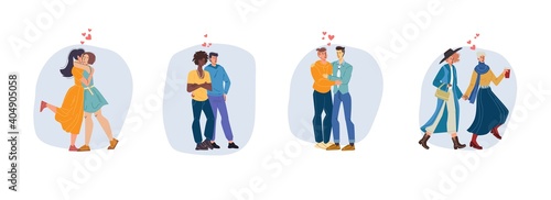 Set of vector cartoon flat homosexual characters couples.Young people in love-saint Valentine Day postcard,greeting card design,web online ad banner decor-relationships,emotions,social concept