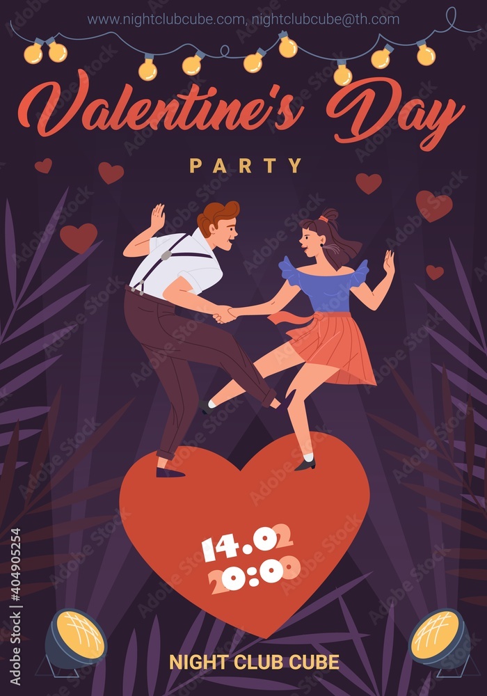 Vector cartoon flat characters in love,trendy young people dancing,girl and boy romantic date-Valentine Day party flyer for social media post,poster ad,stylish web banner stories concept Vector cartoon flat characters in love,trendy young people dancing,girl and boy romantic date-Valentine Day party flyer for social media post,poster ad,stylish web banner stories concept