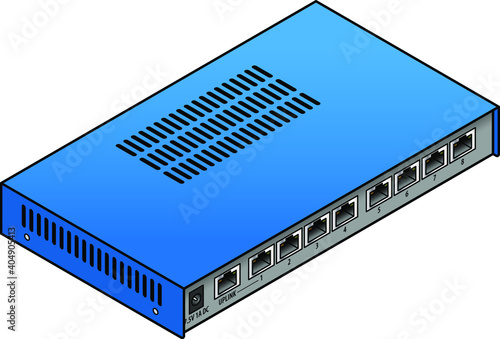 An eight-port ethernet network hub. With an uplink port and a DC power-in port.