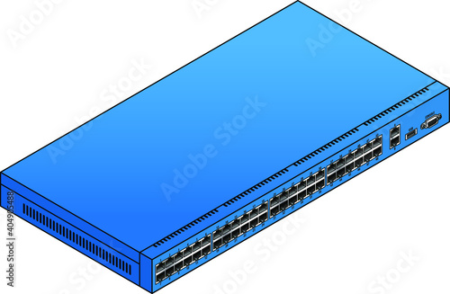 A 48-port ethernet network switch. With two uplink ports, a USB port and a serial console port.