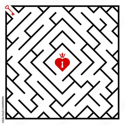 Labyrinth puzzle game, heart shaped padlock, crown on top, red key, black oblique line. Idea design concept valentine’s day for cards, posters, flyers, book covers, websites. Vector illustrations.