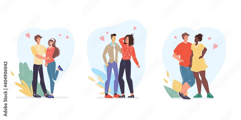 Fototapeta premium Vector cartoon flat character couples,saint Valentine Day greeting cards design set.Young people in love hugs on floral background-February 14 postcard,web online banner decor-emotions,social concept