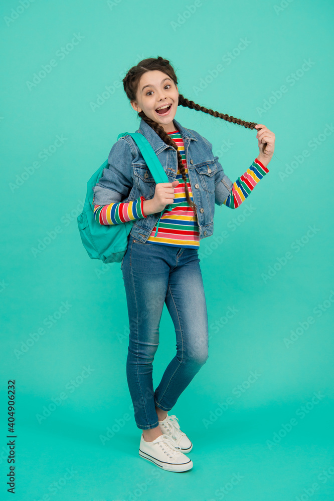 Φωτογραφία Happy girl with beauty look hold long hair plait blue background, hairstyle