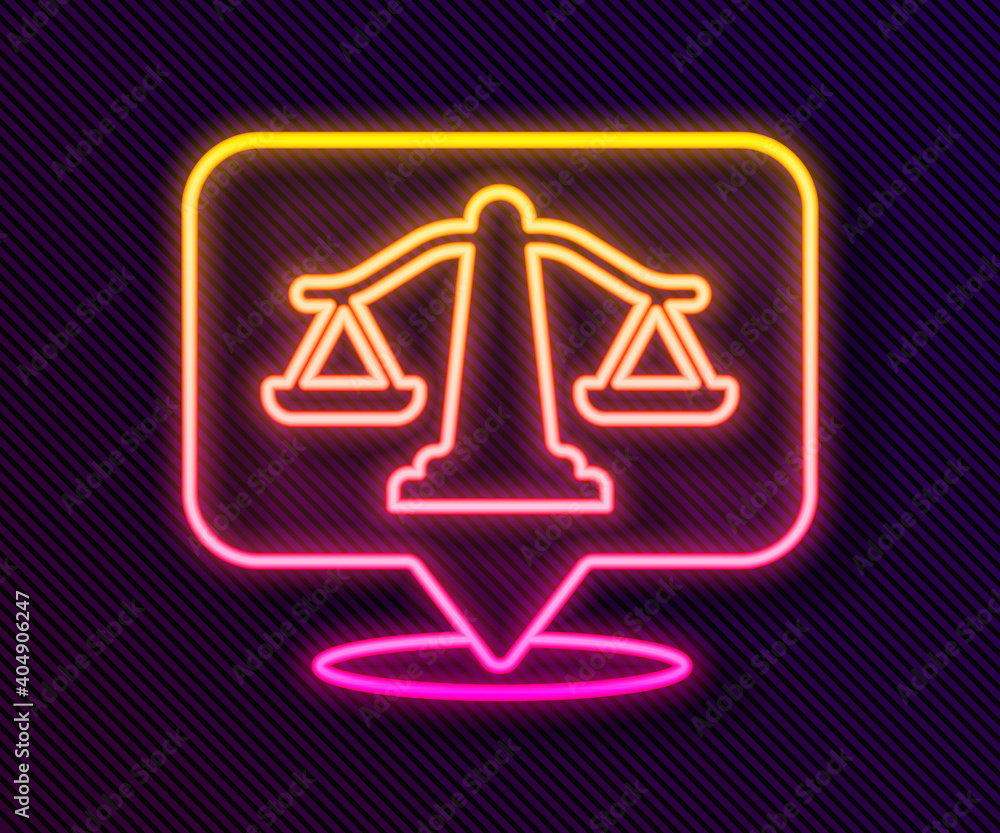 Glowing neon line Scales of justice icon isolated on black background. Court of law symbol. Balance scale sign. Vector. Glowing neon line Scales of justice icon isolated on black background. Court of law symbol. Balance scale sign. Vector.