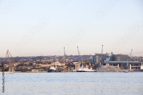 Military and patrol ships moored at berths in Sevastopol Bay, Crimea, Russia