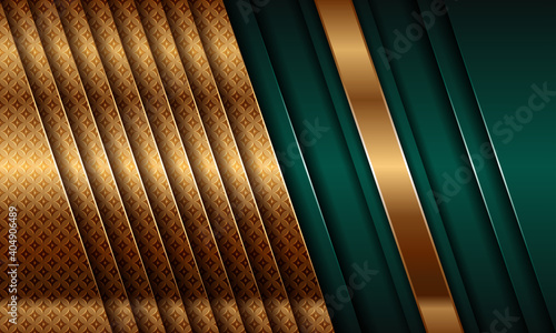 Abstract polygonal pattern luxury green combine and glowing gold lines overlap layer textured background