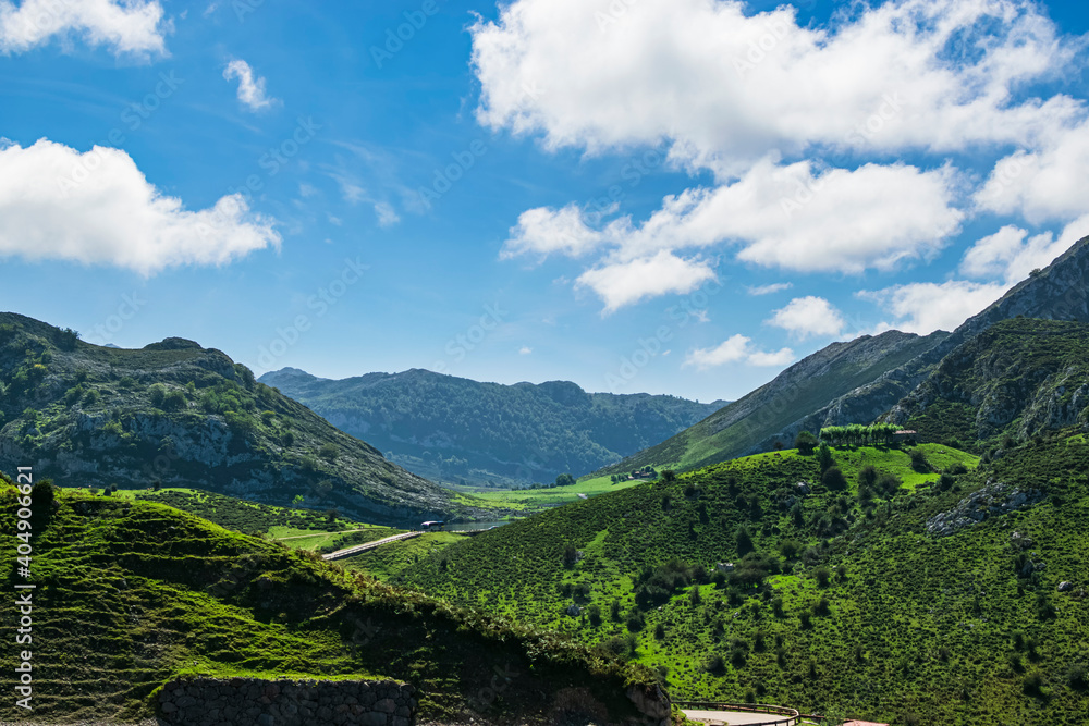 Fototapeta premium Idyllic view of a valley in the Picos de Europa, on the way up to the Lakes of Covadonga. Photograph taken in Asturias, Spain.