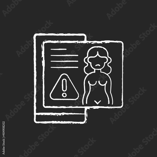 Revenge porn chalk white icon on black background. Distribution of sexualy explicit content. Publish naked photos of woman without consent. Internet stalking. Isolated vector chalkboard illustration