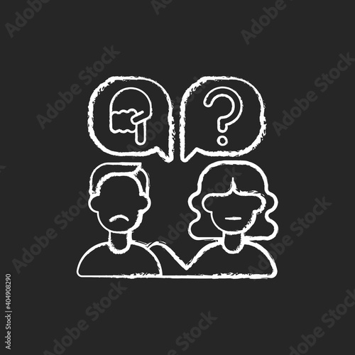 Talk to someone chalk white icon on black background. Help to upset person. Psychological support for abuse victim. Sad man speak with woman. Isolated vector chalkboard illustration