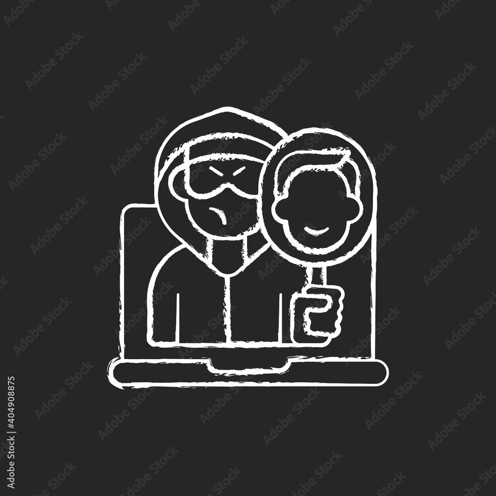 Online impersonation chalk white icon on black background. Cyberbullying and cyberharassment. Internet crime. Online attack on personal privacy. Isolated vector chalkboard illustration Online impersonation chalk white icon on black background. Cyberbullying and cyberharassment. Internet crime. Online attack on personal privacy. Isolated vector chalkboard illustration