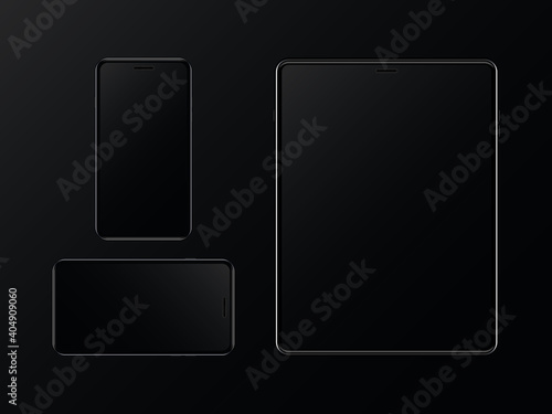 Set of black smartphone and tablet on black background. Template modern design of gadgets. Mobile phone and tablet mockup. Vector