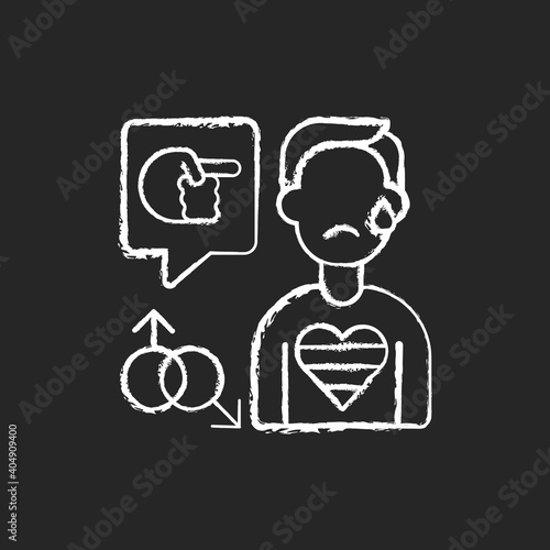 LGBT cyberbullying chalk white icon on black background. Transphobic and homophobic offensive comments. Online harassment. Gay, transgender discrimination. Isolated vector chalkboard illustration