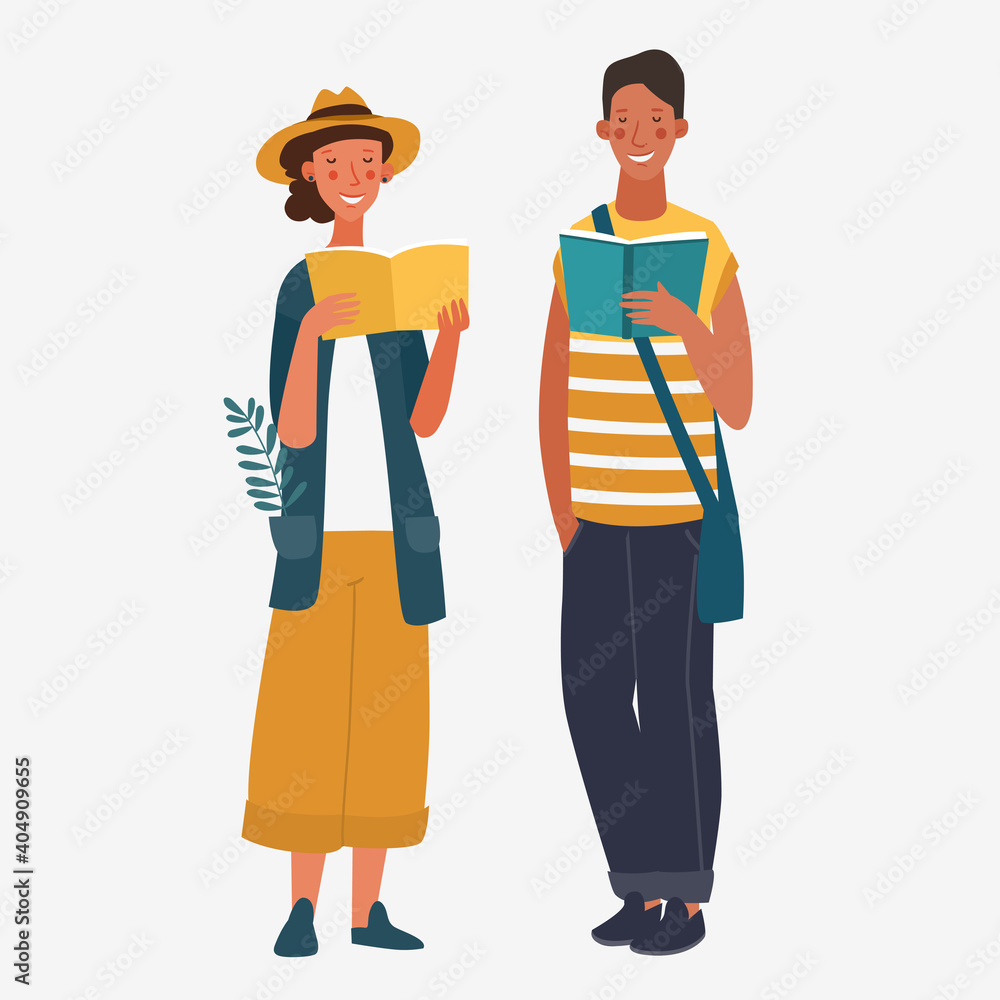 Young people reading books. Holidays time. Back to school, Study, Learning, Knowledge and Education vector concept Young people reading books. Holidays time. Back to school, Study, Learning, Knowledge and Education vector concept