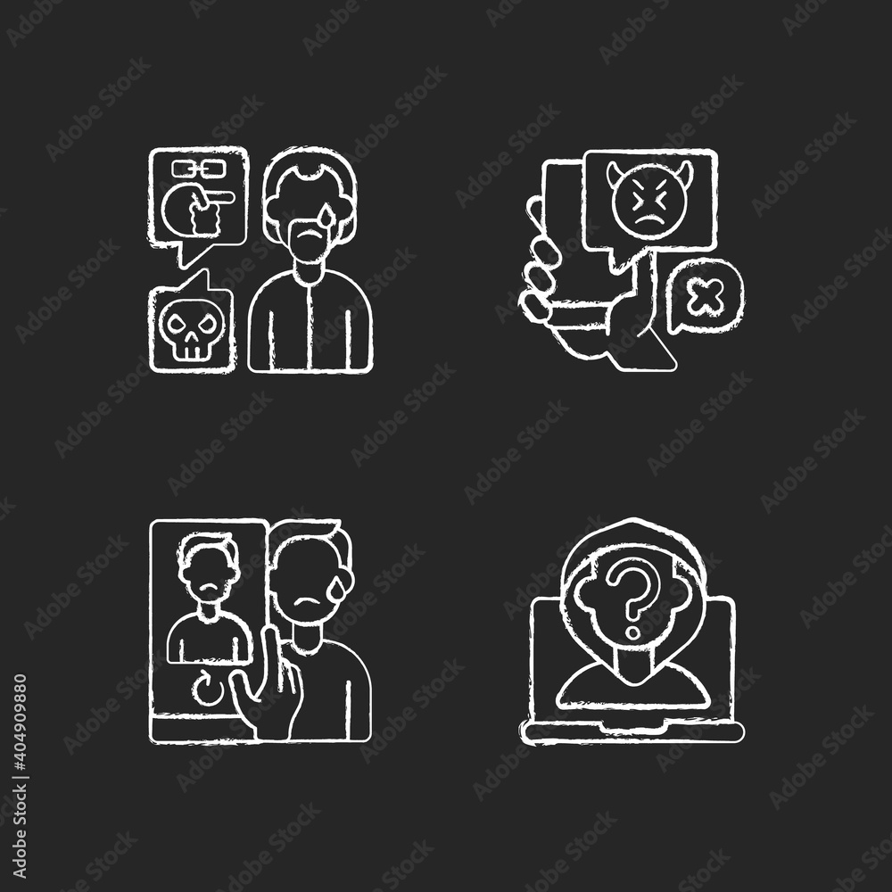 Cyberbullying and discrimination chalk white icons set on black background. Racial bullying. Bodyshaming overweight person. Social media harassment. Isolated vector chalkboard illustrations