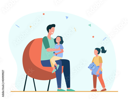 Dad giving attention to only one child. Daughter, parent, toy flat vector illustration. Parenthood and relationship concept for banner, website design or landing web page