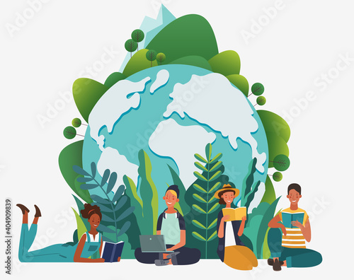 Young people group reading books. Study, learning knowledge and education vector concept. Eco friendly ecology poster. Nature conservation illustration 
