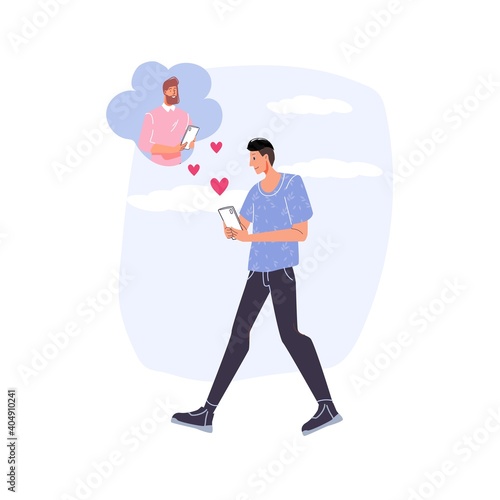Vector cartoon flat homosexual gay characters couple.Young men in love chat,communicate online-saint Valentine Day postcard,greeting card design,web online ad banner decor-emotions,social concept