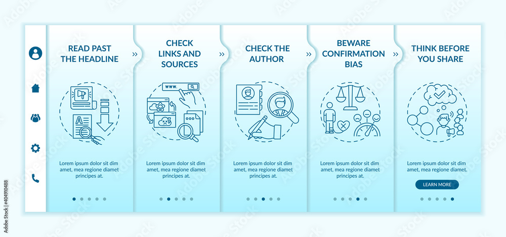 Misleading information checking tips onboarding vector template. Checking links, sources. Confirmation bias. Responsive mobile website with icons. Webpage walkthrough step screens. RGB color concept