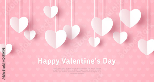 Happy Saint Valentine's day card, hanging white paper cut hearts on pastel pink background. Place for text. Decorative holiday banner, festive web poster, romantic flyer, brochure.