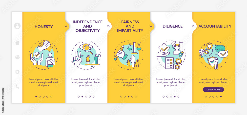 Ethical journalism principles onboarding vector template. Honesty, impartiality. Independence and objectivity. Responsive mobile website with icons. Webpage walkthrough step screens. RGB color concept Ethical journalism principles onboarding vector template. Honesty, impartiality. Independence and objectivity. Responsive mobile website with icons. Webpage walkthrough step screens. RGB color concept