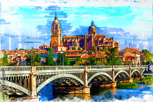 Graphical view Salamanca Cathedral and Estevan bridge over Tormes river. Salamanca / Castile and Leon, Spain. Color pencil sketch illustration. photo