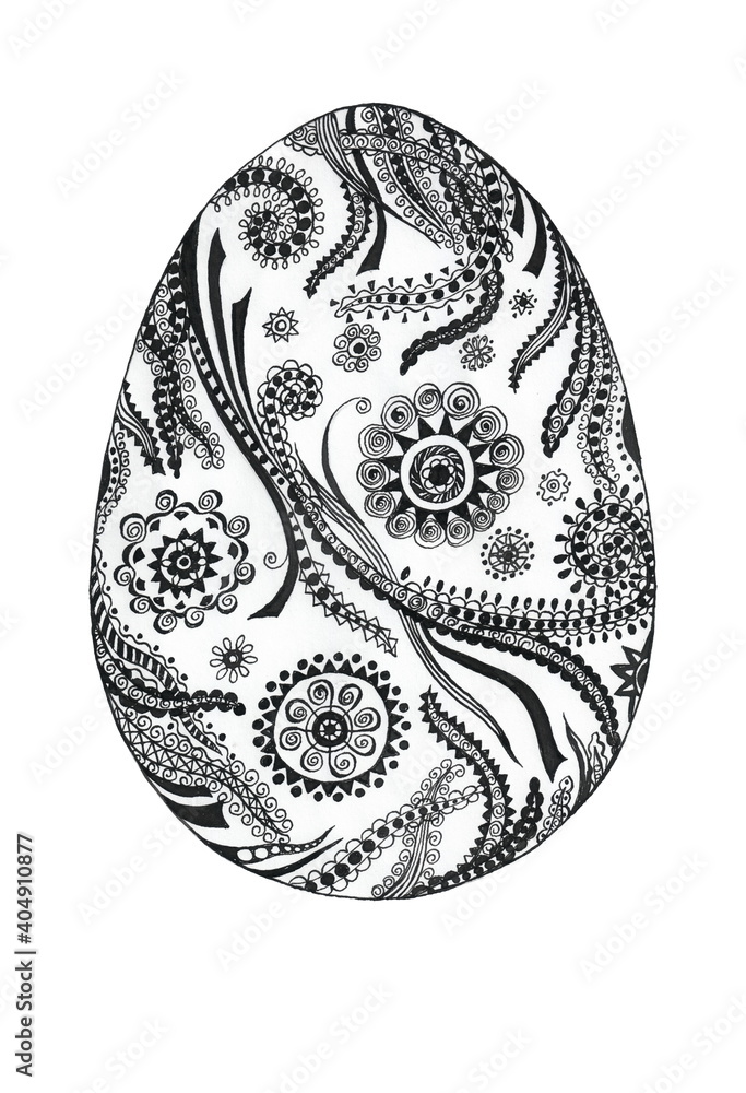 Patterned decorative Egg - Pen and Ink hand painted drawing isolated on white background
