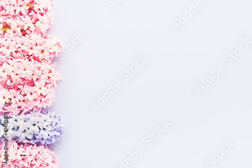 Pink and blue hyacinth flowers border on a light background. Top view, copy space