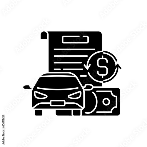 Vehicle title loan black glyph icon. Placing lien on car title. Borrowers outstanding debt repayment. Collateral car. Vehicle value. Silhouette symbol on white space. Vector isolated illustration