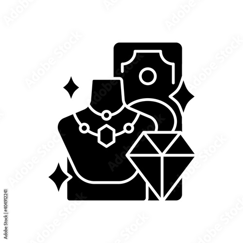 Product valuable black glyph icon. High-quality items. Selling gold, silver and diamond jewelry. Luxury goods. Gold-plated items. Silhouette symbol on white space. Vector isolated illustration