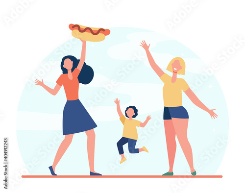 Happy women and girl with hot dog. Meal, street, junk food flat illustration. Fast food and nutrition concept for banner, website design or landing web page