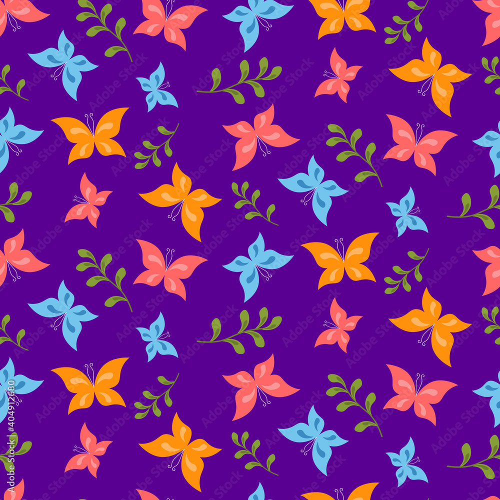 Pattern with multicolored butterflies. Blue, yellow and pink butterflies on a purple background. Summer pattern, vector illustration. For wrapping paper, decoration, fabric and scrapbooking. Pattern with multicolored butterflies. Blue, yellow and pink butterflies on a purple background. Summer pattern, vector illustration. For wrapping paper, decoration, fabric and scrapbooking.