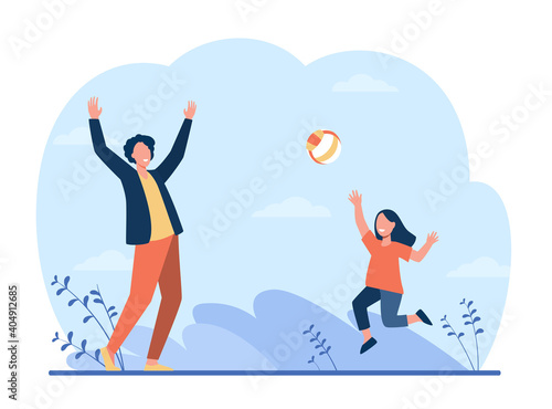 Happy girl playing with father in volleyball. Fun, dad, kid flat vector illustration. Sport game and activity concept for banner, website design or landing web page
