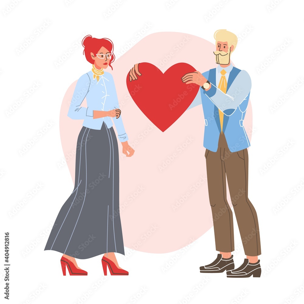 Vector cartoon flat characters couple.Young people in love,man give heart as gift to beloved woman-saint Valentine Day postcard,greeting card design,web online banner decor,love metaphor concept Vector cartoon flat characters couple.Young people in love,man give heart as gift to beloved woman-saint Valentine Day postcard,greeting card design,web online banner decor,love metaphor concept