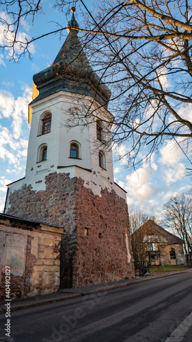View of the city hall tower in the old part of Vyborg.