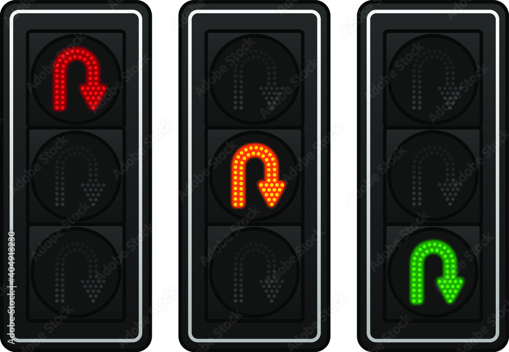 Three sets of LED Uturn traffic lights showing red, amber