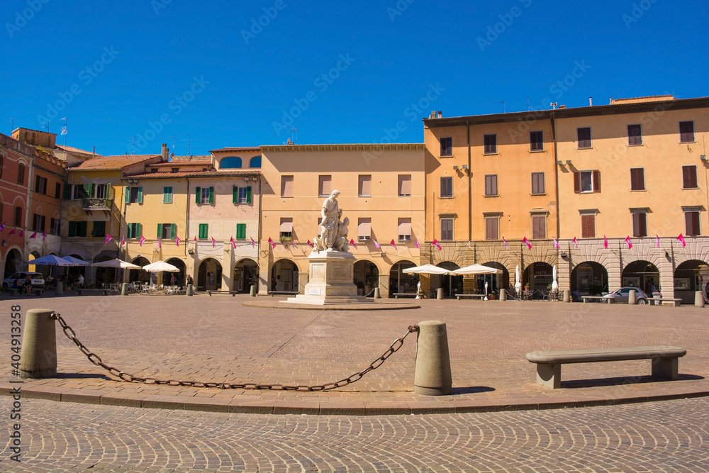 The historic Piazza Dante in central Grosseto in Tuscany. In the centre is the Canapone Monument - Monumento a Leopoldo II di Lorena