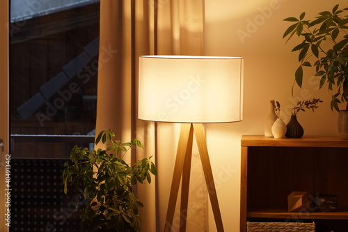 View of tripod lamp in a cozy living room spending warm light photo