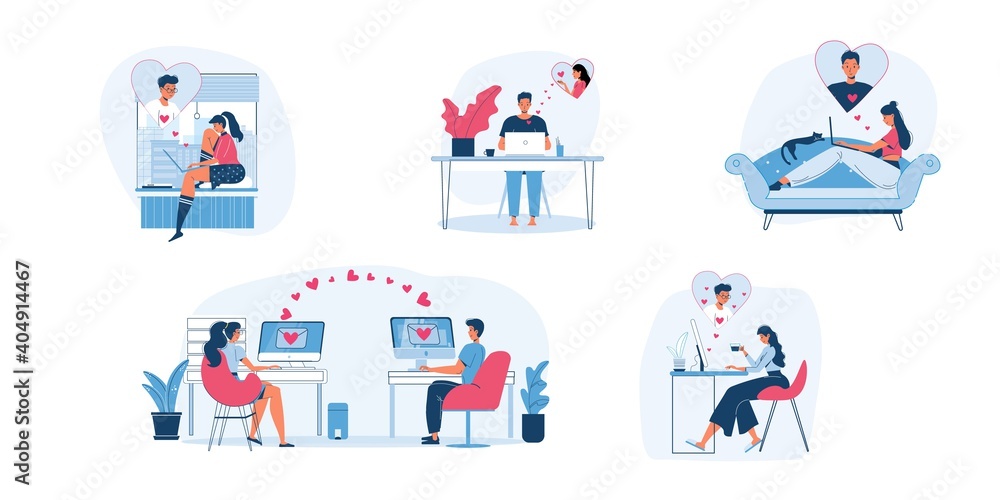 Set of vector cartoon flat characters couples.Young people in love chat,communicate online,think of each other-saint Valentine Day postcard,greeting card design,web online banner decor,social concept