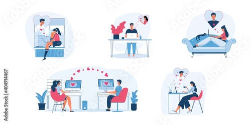 Set of vector cartoon flat characters couples.Young people in love chat,communicate online,think of each other-saint Valentine Day postcard,greeting card design,web online banner decor,social concept