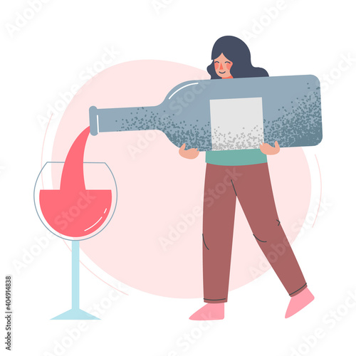 Young Woman Pouring Wine from Huge Bottle Cartoon Style Vector Illustration