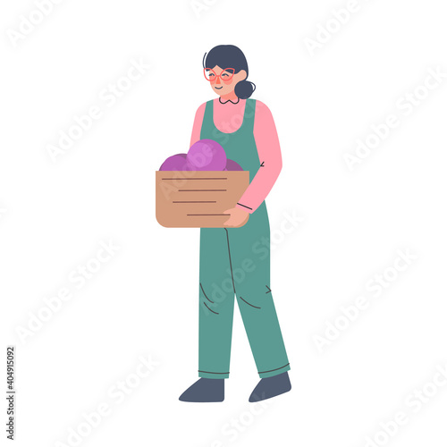 Woman Winemaker Carrying Wooden Box with Freshly Picked Up Wine Grapes Cartoon Style Vector Illustration