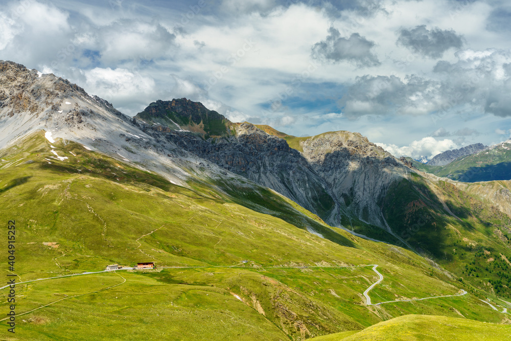 Fototapeta premium Mountain landscape along the road to Stelvio pass (Lombardy) at summer