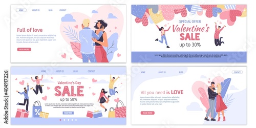 Vector cartoon flat characters couples,Valentine Day landing page,greeting cards design set.Young people in love hugs,shopping sale offer ad-February 14 web online banners decor,social media concept