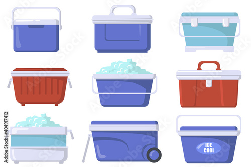 Handheld ice cooler boxes flat set for web design. Cartoon iceboxes and containers for picnic isolated vector illustration collection. Camping refrigerators and storage concept