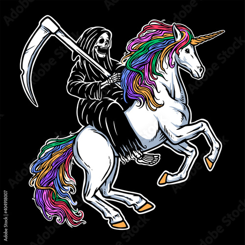 Skull grim riding a unicorn illustration