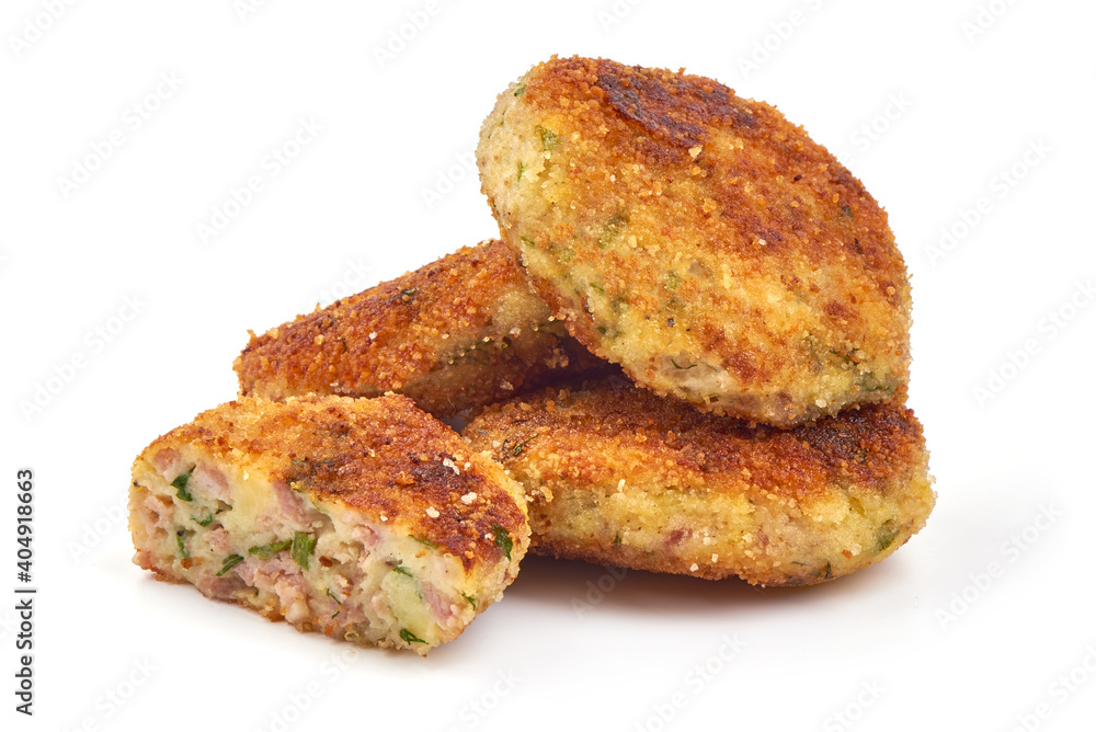 Fried breaded pork chops, cutlets in breadcrumbs, close-up, isolated on white background Fried breaded pork chops, cutlets in breadcrumbs, close-up, isolated on white background