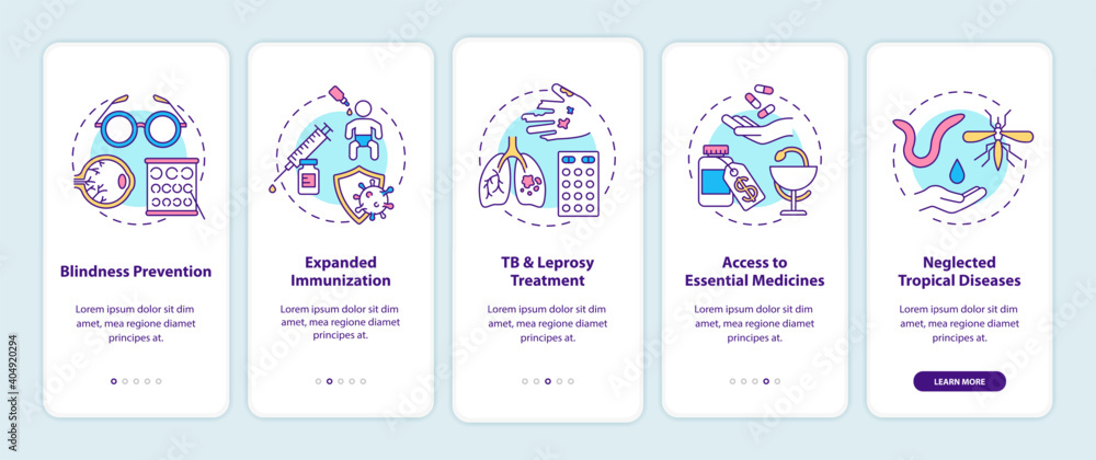 Top international health programs onboarding mobile app page screen with concepts. Blindness prevention walkthrough 5 steps graphic instructions. UI vector template with RGB color illustrations Top international health programs onboarding mobile app page screen with concepts. Blindness prevention walkthrough 5 steps graphic instructions. UI vector template with RGB color illustrations