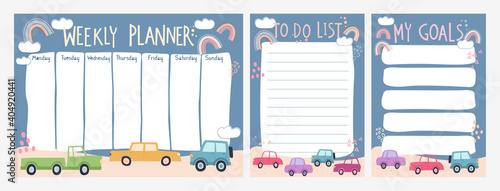 Weekly planner and To Do List with cars in cartoon style. Kids schedule desig...