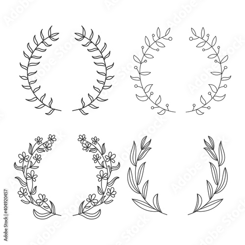 Hand-drawn Floral wreath set on white background-Vector Illustration