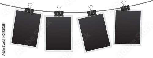 Blank instant photo frame set hanging on a clip. Black empty vintage photo frames templates. Vector illustration isolated on white background.	